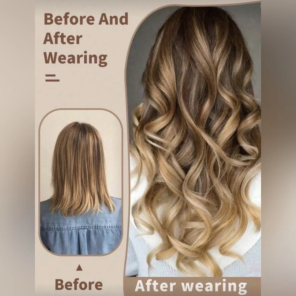 20” Human Hair Blend Clip-In Extensions – Wavy Natural Brown with Caramel Ombre
